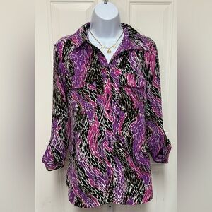 Vintage Abstract Print Top Purple Pink Long Sleeve Button Down Retro 80s 90s